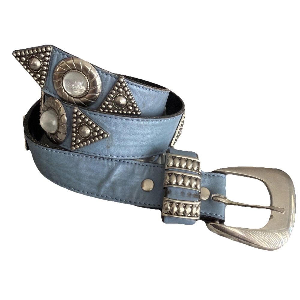 Vtg Leatherock Blue Leather Western Belt Silver Tone Concho Studded Buckle Large